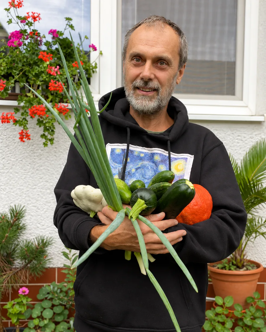 Bohuš Buday s úrodou zo svojej záhrady
